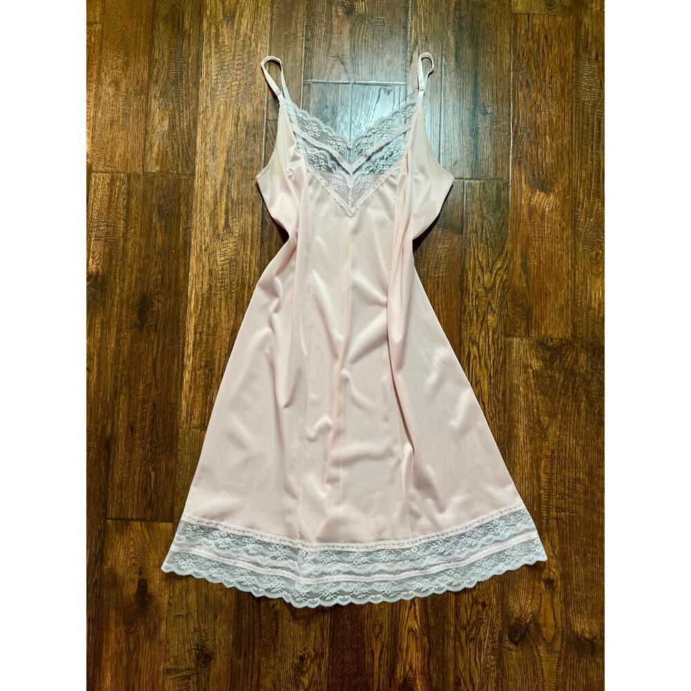 Vintage Silky Dress Slip with  Sheer Lace Yoke - Blush Pink - Body Lites - Small